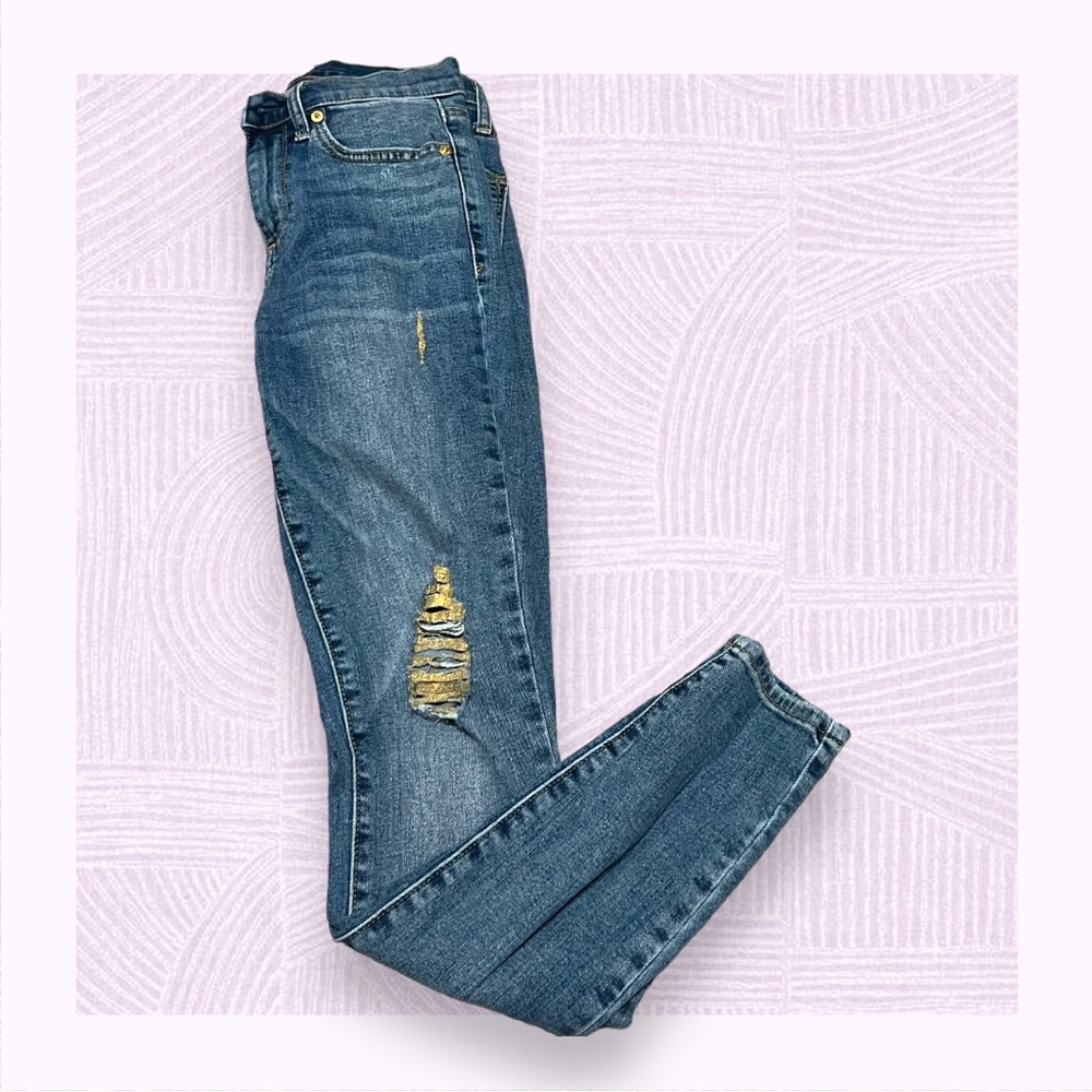 Distressed Mid Rise Gap True Skinny jeans with gold lamè rips sz 25